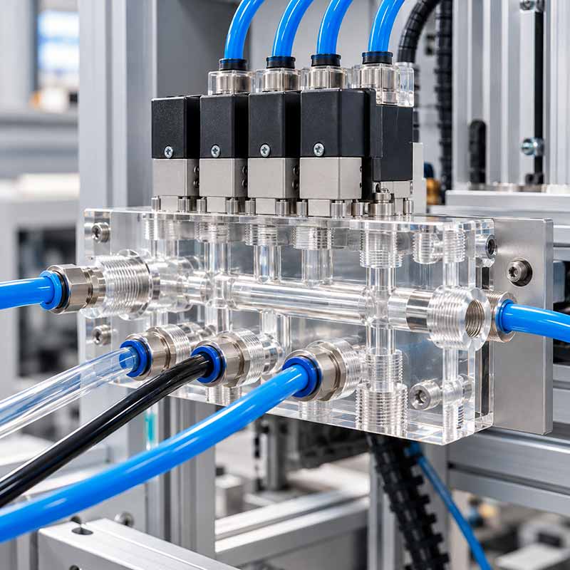aplicaciones-de-los-manifolds-mecyplastec Manifold neumático de plástico técnico con válvulas montadas
