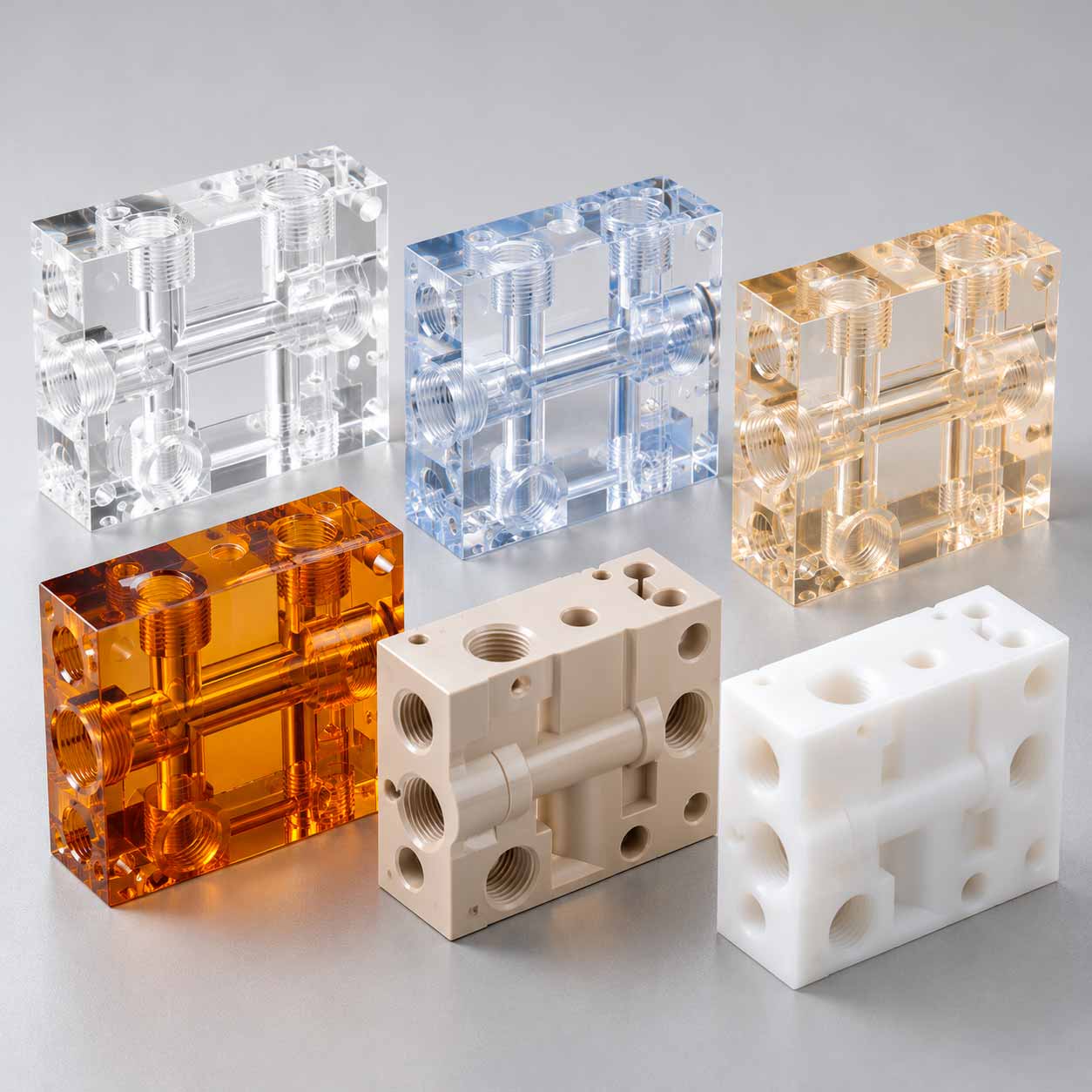 materiales-para-manifolds Manifolds mecanizados en metacrilato, polisulfona y PEEK